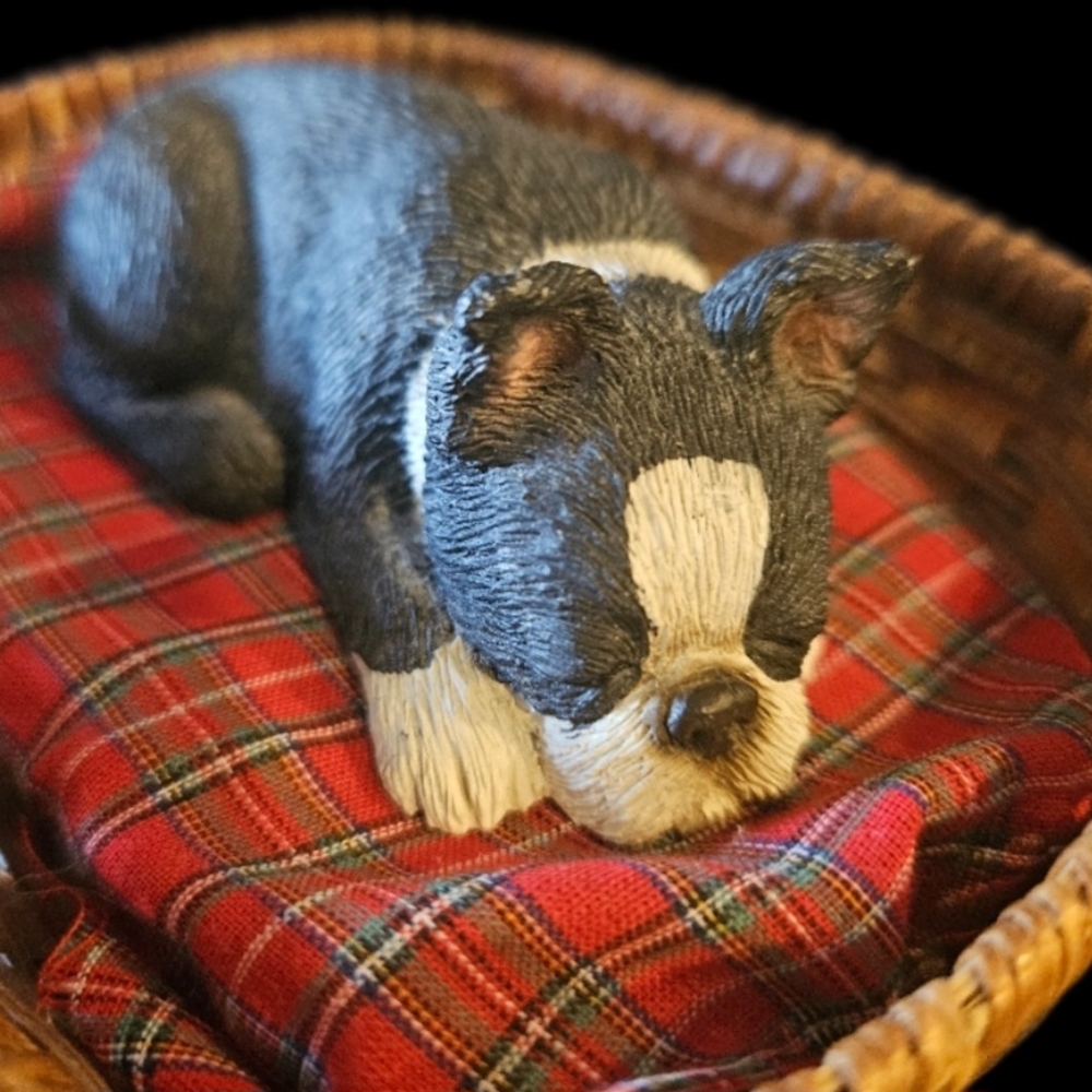 Sandicast BostonTerrier 'Lil' Snoozer" in a basket.